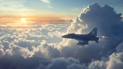 Military jet aircraft traverses dense cloudscape at sunset