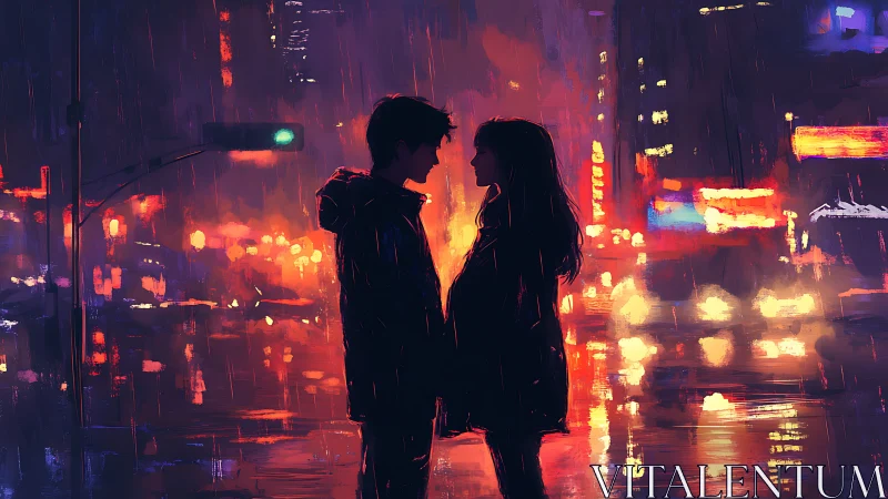 Silhouetted Figures Against Neon-Lit Urban Dystopia With Warm Color Palette