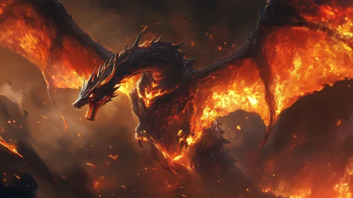 Inferno-winged dragon tears open a molten stormy sky