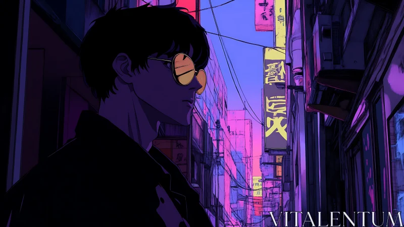 Neon glasses mirror a midnight city humming in violet code