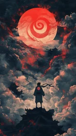 Stormlit wanderer beneath the spiral blood moon sky.