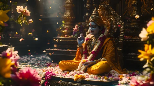 Deity statue in gilded shrine with marigold garlands and petals