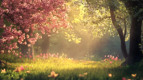 Spring woodland glade with backlit blossom trees and soft haze.