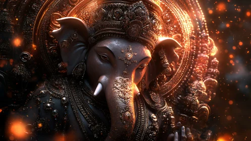 Elephant headed deity statue rendered in ornate golden detail