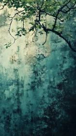 Weathered teal wall welcomes a graceful overhanging tree