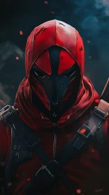 Red hooded masked fighter in dark smoky environment.