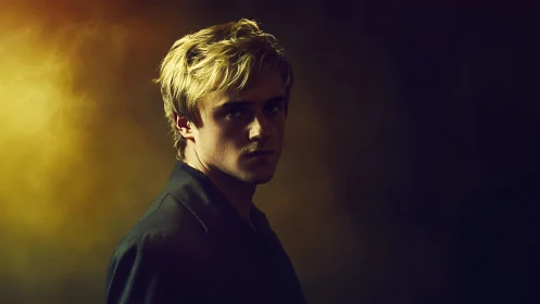 Moody portrait of blond man against smoky golden light.