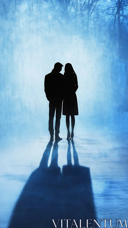 Silhouetted Couple Against Atmospheric Rain Backdrop.