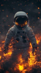 Astronaut in burning landscape with embers and smoke.