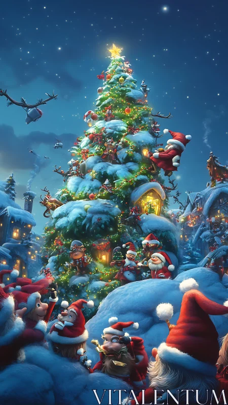 Snow-laden Christmas tree with animated Santas and elves.