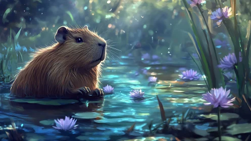 Capybara sits in shallow pond surrounded by purple lilies