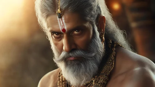 Elderly male figure with traditional markings and jewelry.