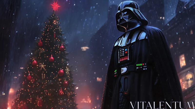 Armored figure beside illuminated outdoor Christmas tree.