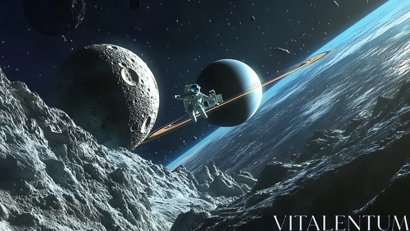 Astronaut drifts above cratered moon with ringed gas giant aligned