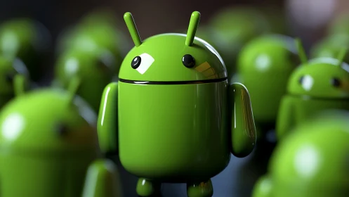 Shiny green android mascot leads a glossy robo-crowd.