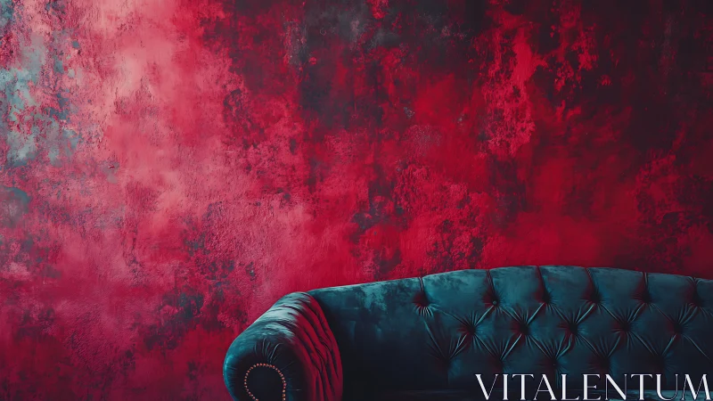 Velvet teal sofa lounging beneath tempestuous crimson wall.
