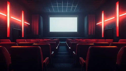 Cozy red cinema seats glowing under soft neon lights.
