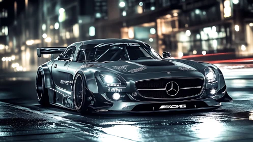 Mercedes AMG GT race car rendered in nocturnal neon streetscape