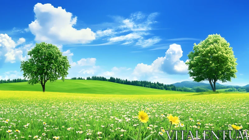 Sunlit meadow daydream with twin trees and drifting clouds.