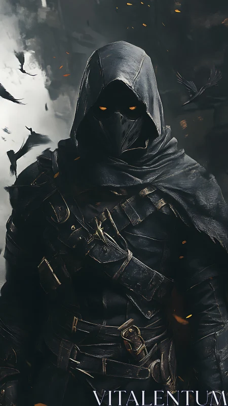 Hooded duskwarden stalks the crowswept, ember-lit void