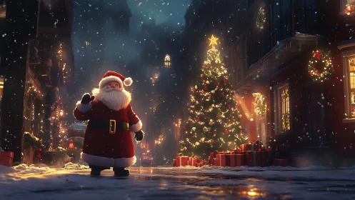 Snowlit Santa stroll amid glowing city Christmas wonder.