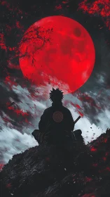 Solitary ninja silhouette beneath oversized crimson lunar eclipse