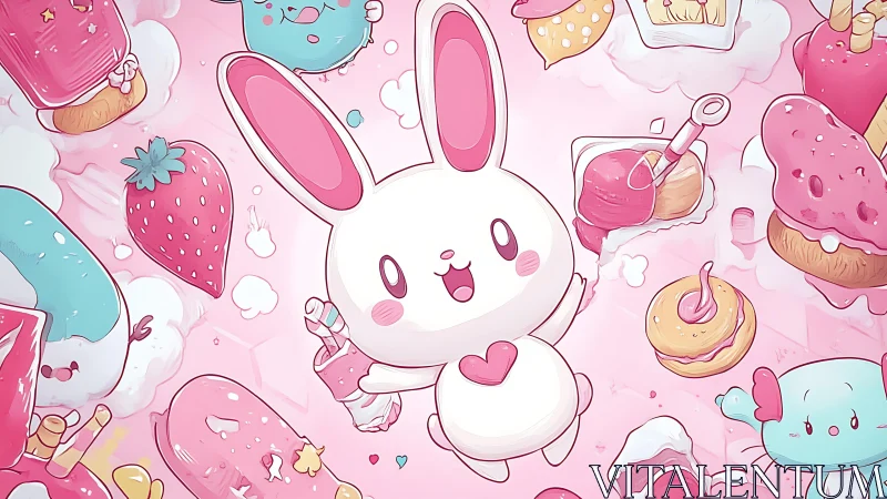 Whimsical Bunny Surrounded by Pink Pastries and Treats.