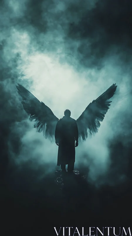 Silhouetted fallen angel emerging from luminous storm fog.