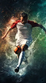 Dynamic soccer striker in splash-infused dramatic motion design