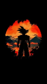 Silhouetted warrior study against fiery painterly sunset dome.