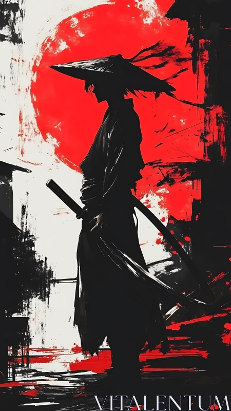 Lone samurai in crimson sunlit silence, ready to roam.