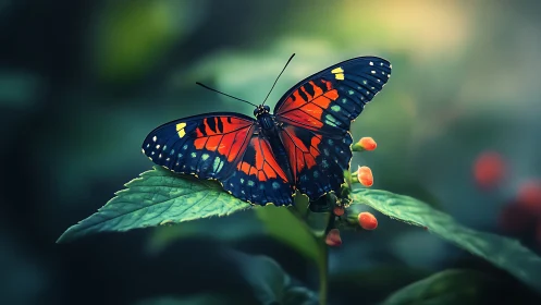 Vivid red blue butterfly rests on leaf in soft bokeh garden
