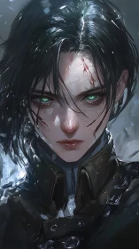 Stormlit warrior with emerald eyes and winter-scarred resolve.