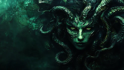 Serpent-crowned gorgon queen stares from abyssal emerald gloom.
