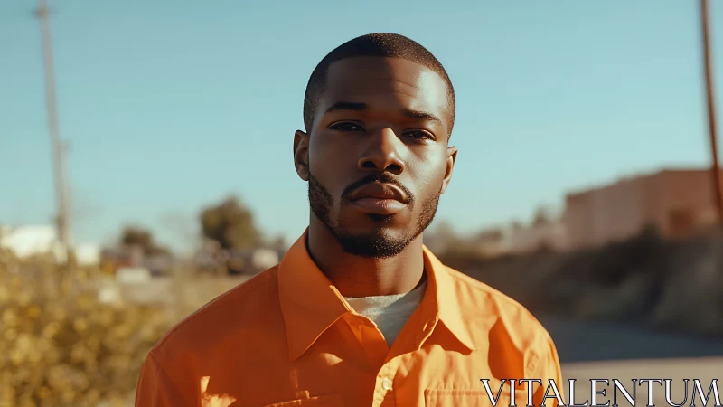 Man in orange shirt under warm outdoor sunlight portrait.