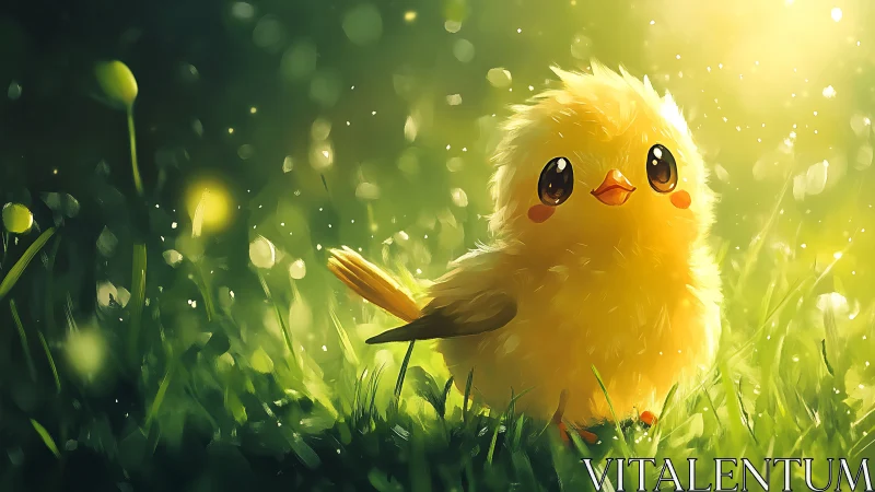 Sunlit baby chick in dreamy meadow of glowing greens.