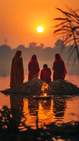 Sunrise prayers by the riverside in glowing orange light.