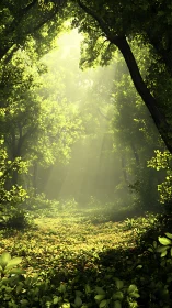 Sunlight Filtering Through a Mystical Green Forest Canopy.