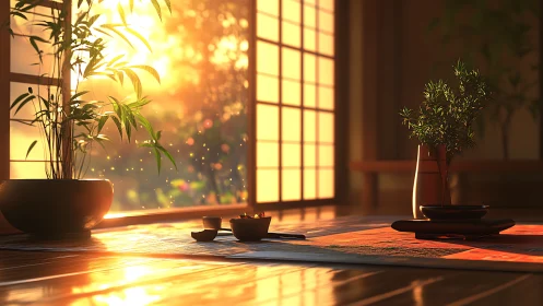 Sunlit tatami tea setting with glowing shoji screens.