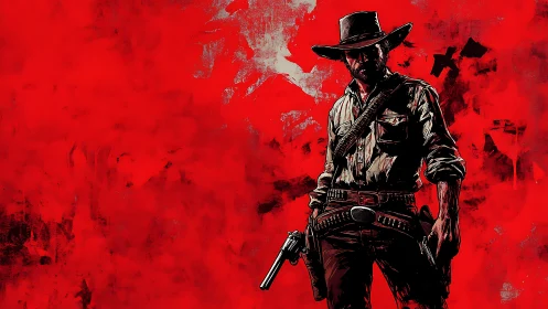 Lone cowboy stands bold against a storm of vivid red.