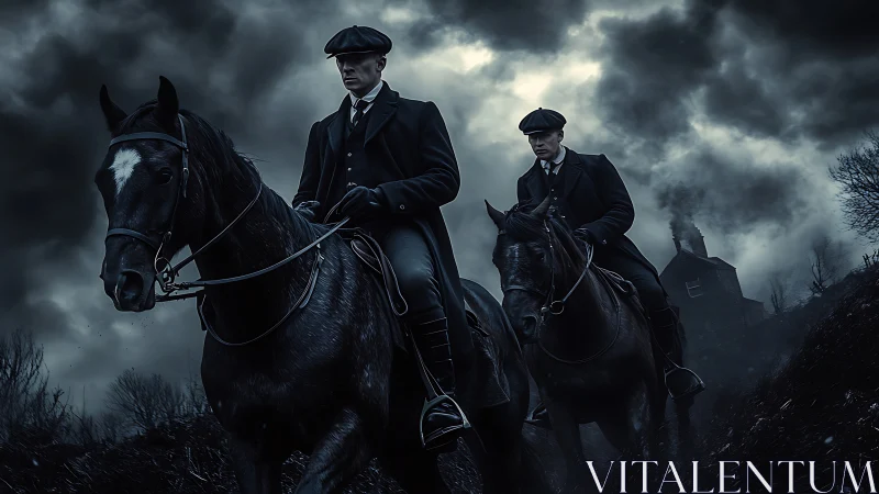 Two stern riders on dark horses under stormy skies.