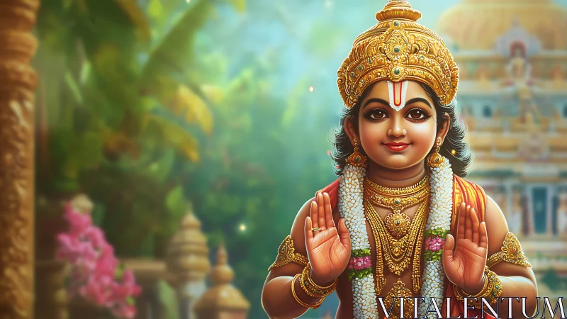 Digital depiction presents ornately adorned child deity figure