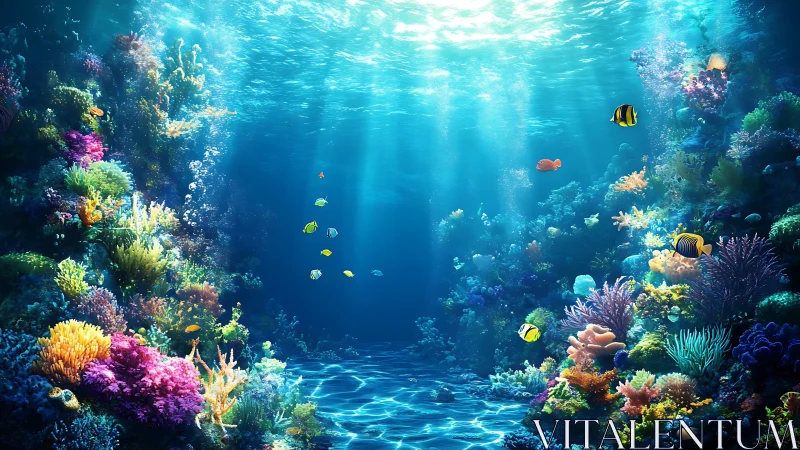 Colorful digital coral reef with tropical fish scene.