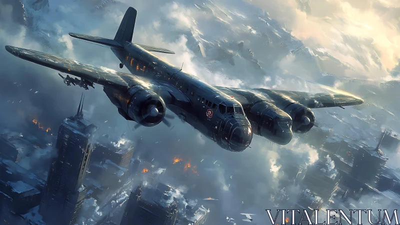 Storm-battered bomber gliding above a frozen, burning city.