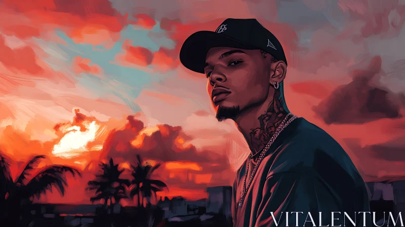 Tattooed urban figure watches a neon-tinted tropical sunset.