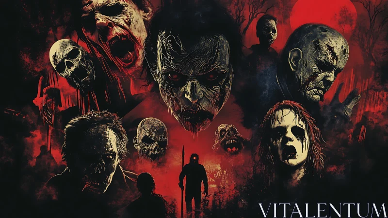 Nightmarish undead horde encircling lone survivor silhouette.