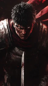 Brooding armored warrior glares ahead in bloodlit shadow