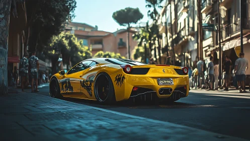 Yellow supercar idles in a sunlit European city street
