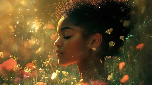 Dreamlike digital portrait amid luminous wildflower bokeh.