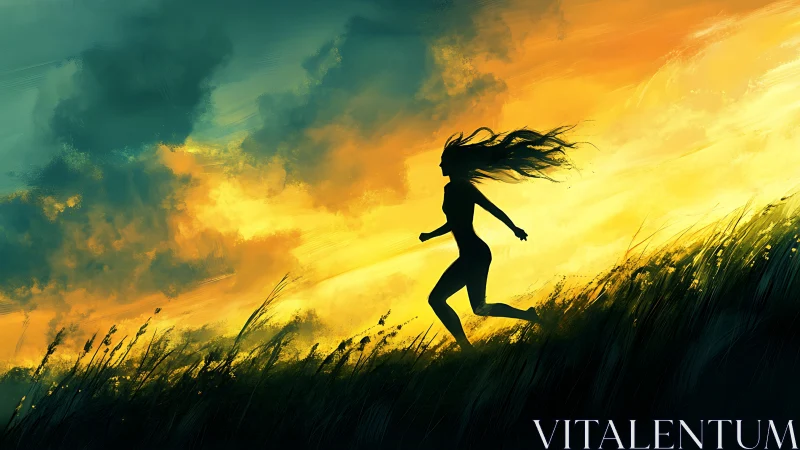 Girl running free under a wild, golden evening sky.